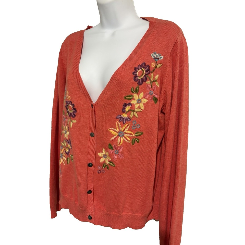 Sundance Coral Floral Embroidered Cardigan Sweater~ L ~100% Cotton Boho Chic